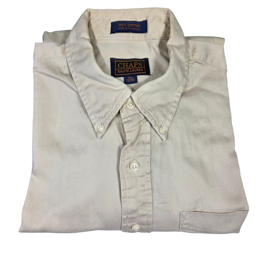 Vtg Chaps Ralph Lauren Mens XL Button Down Shirt Long Sleeve Tan Office Career